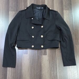 DO+BE Black Double Breasted Cropped Military Jacket Gold Button Coat Chic. M